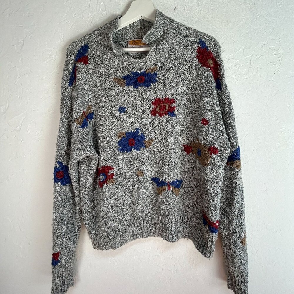 Vintage Lizabeth Kate Handknit Floral Sweater Made in New Zealand Gray Red Blue